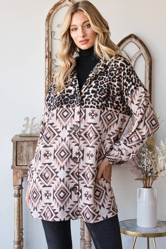 BROWN TAUPE EJ6720-15 AZTEC AND ANIMAL LEOPARD BUTTON DOWN SHACKET for wholesale on Faire4
