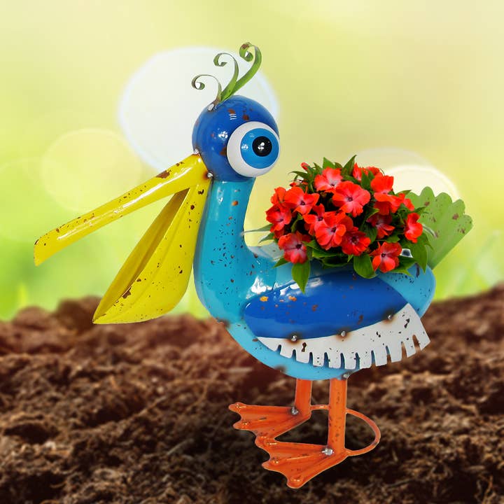 Continental Art Center - Wholesale Plant Pot - Painted and Enameled Metal Blue Pelican Planter