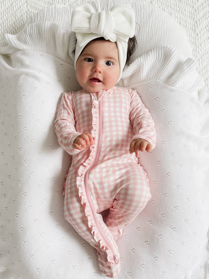 SpearmintLOVE - Wholesale Jumpsuit - Baby - 2-Way Zip Ruffle Footie, Pink Gingham3