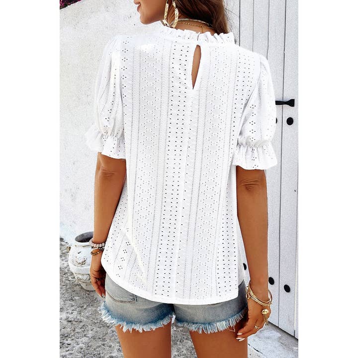 Supreme Fashion - Wholesale Blouse - Women's - Round Neck Embroidery Ruffle Sleeve Loose Fit Shirts12