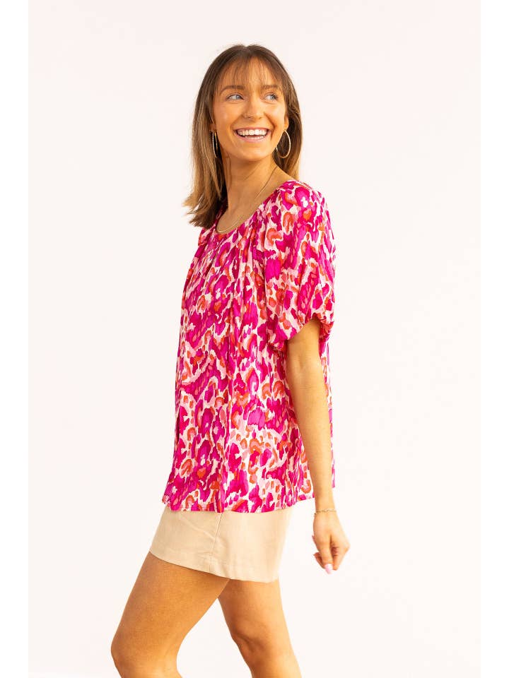 The Tessa Pink Pattern Puff Sleeve Blouses for wholesale on Faire
