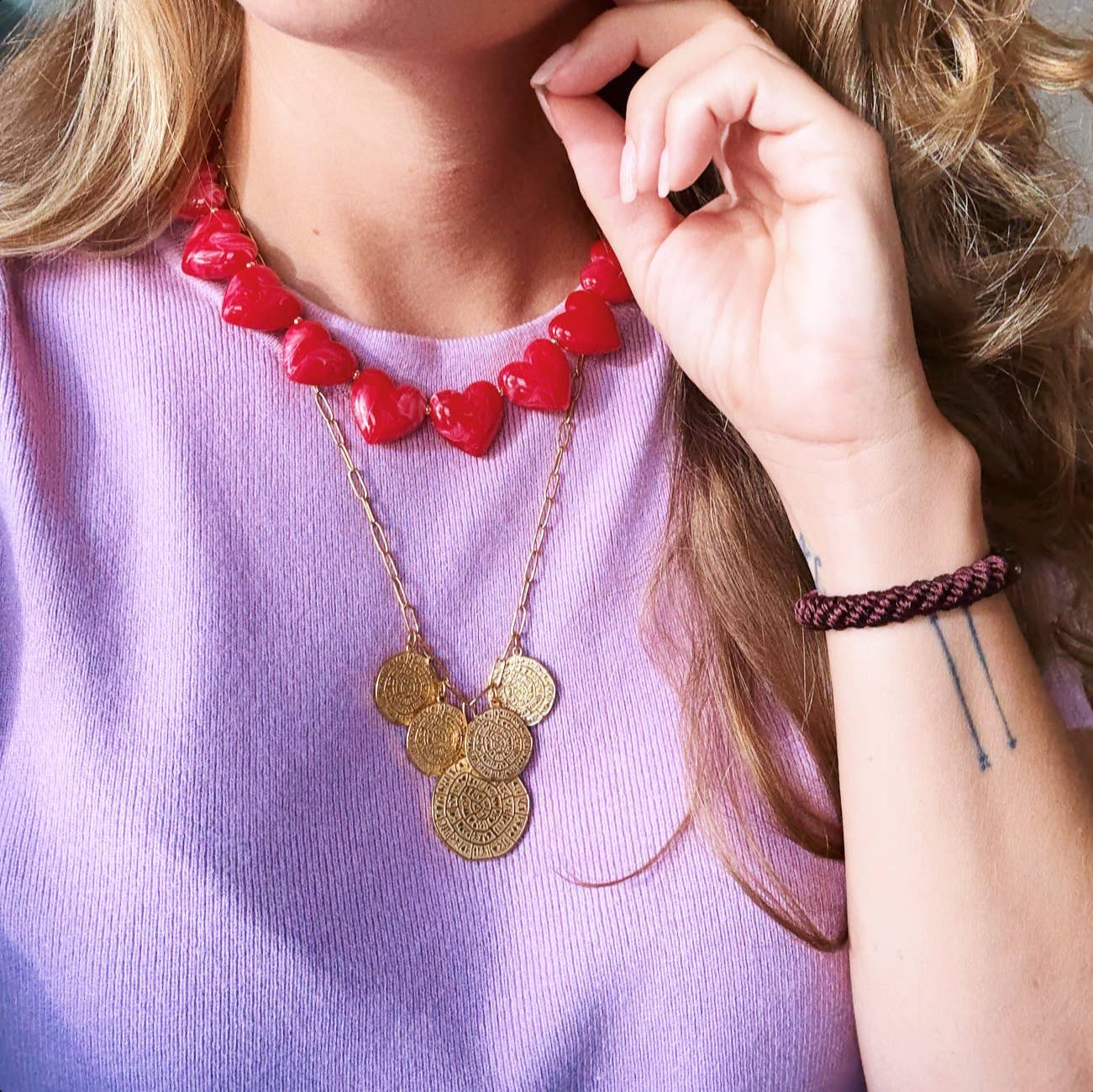 Bazou - Wholesale Beaded/Pearl Necklace - XL heart bead necklace - red1