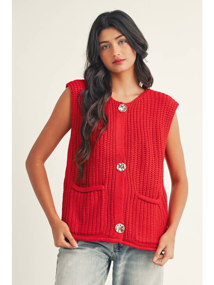 Little Daisy Closet - Wholesale Outerwear Vest - Women's - LDC Solid Textured Knit Side Pockets Buttoned Sweater Vest
