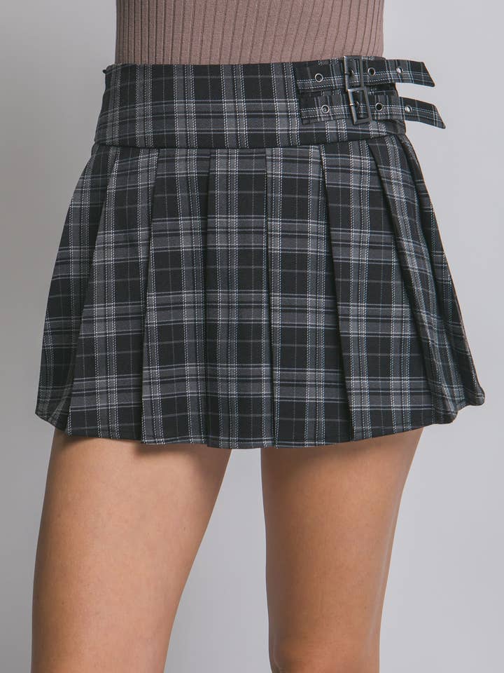 Pleated Plaid Mini Skort W/Buckle Detail for wholesale by Pink Irene Wholesale
