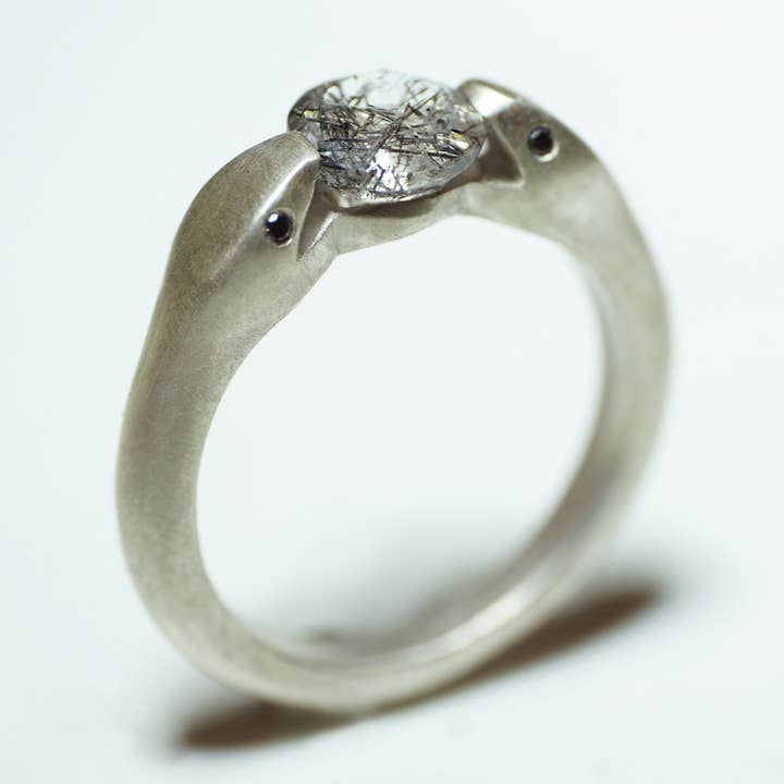 Double Headed Snake Ring in Sterling Silver with Black Rutilated Quartz and Diamonds for wholesale by Michelle Chang