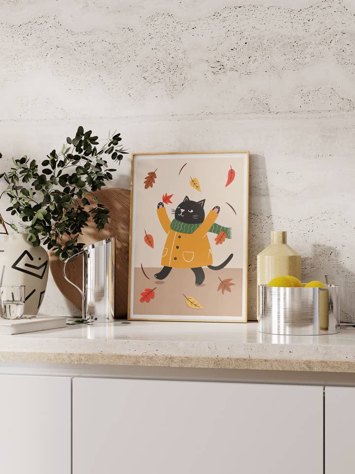 Autumn Leaves - 8 x 10 Inch Cat Art Print for wholesale by Nat Ellis Illustration