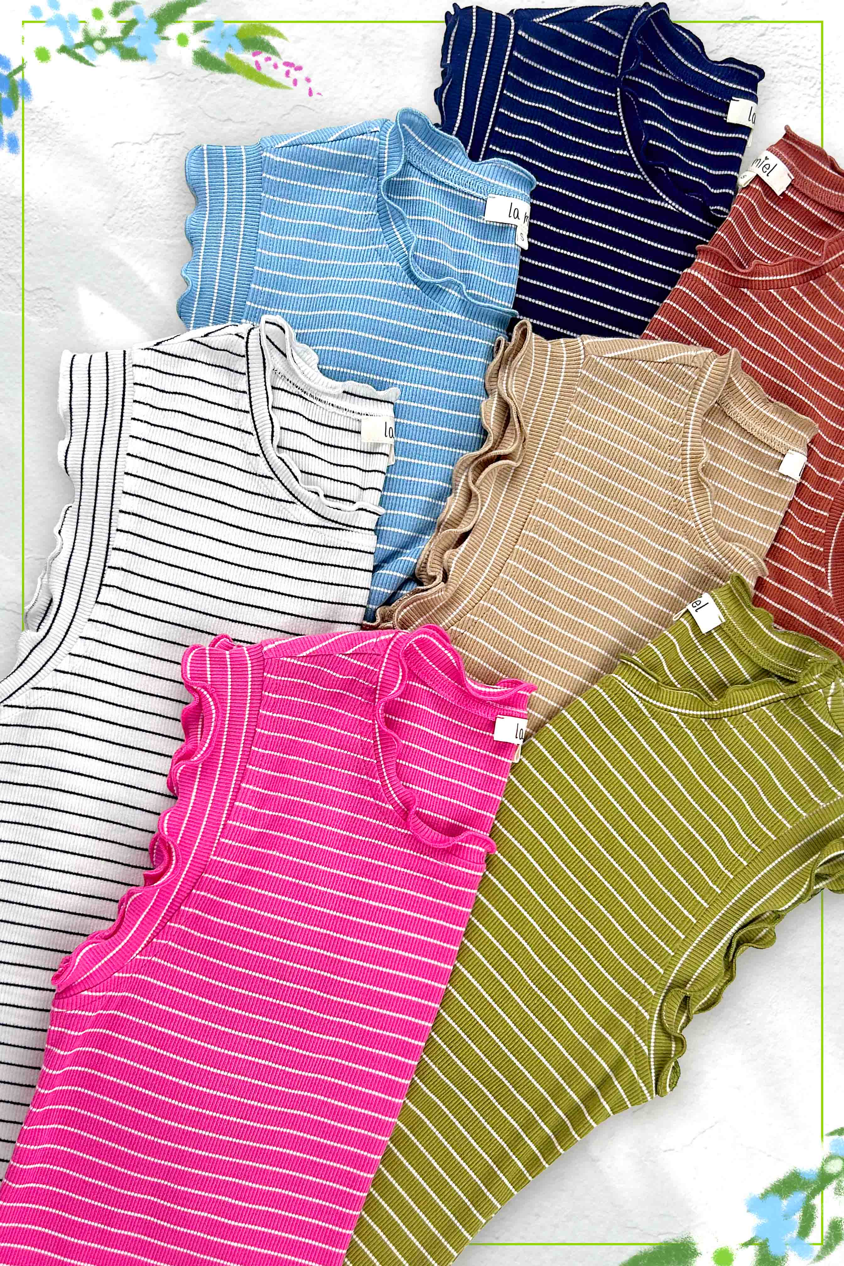 La Miel – wholesale Tank top – Women′s – HCT7692-Stretchy Brushed Ruffle Sleeve Stripe Tank Top8