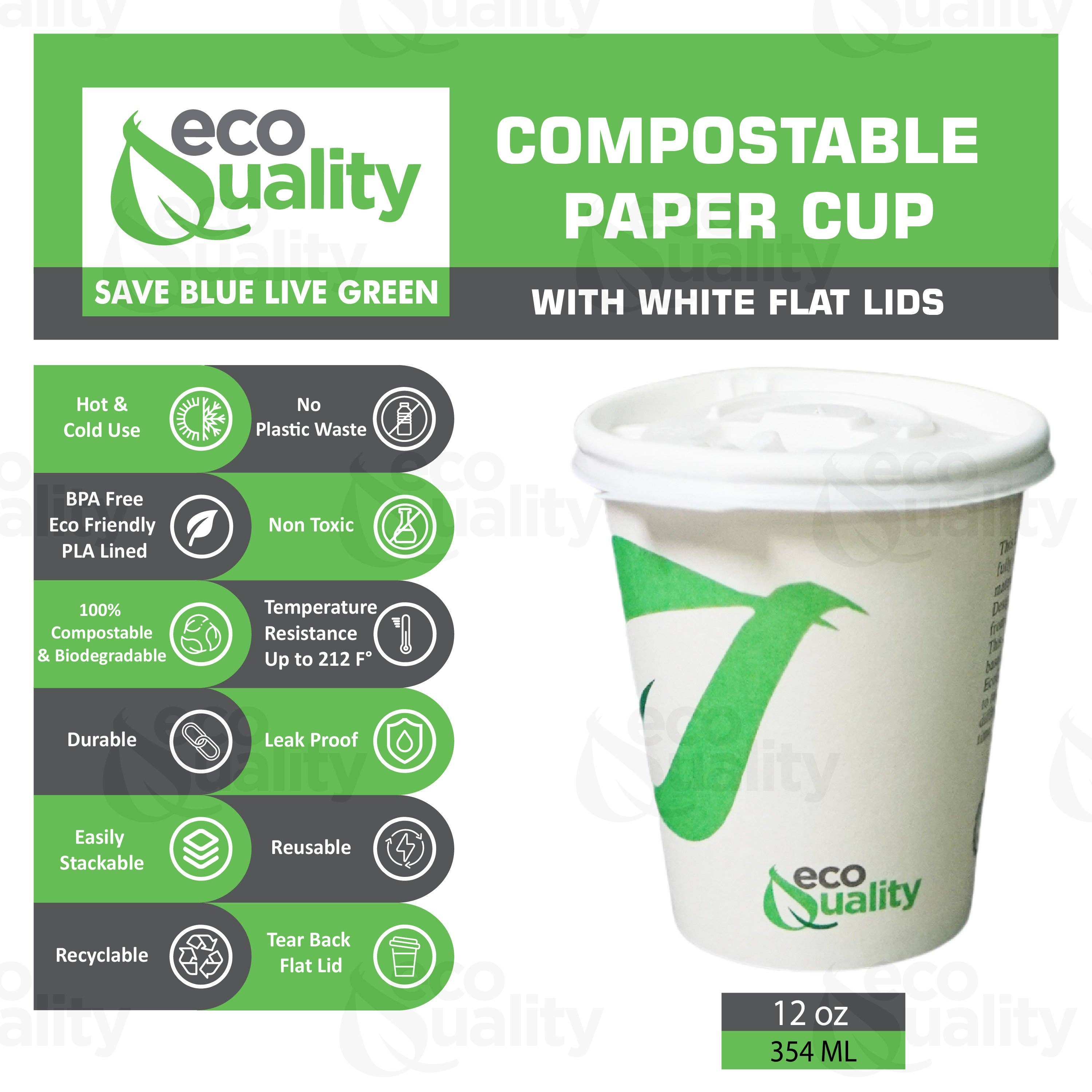 EcoQuality - Wholesale Disposable Cup - 12oz Disposable Compostable Biodegradable White Paper Coffee1