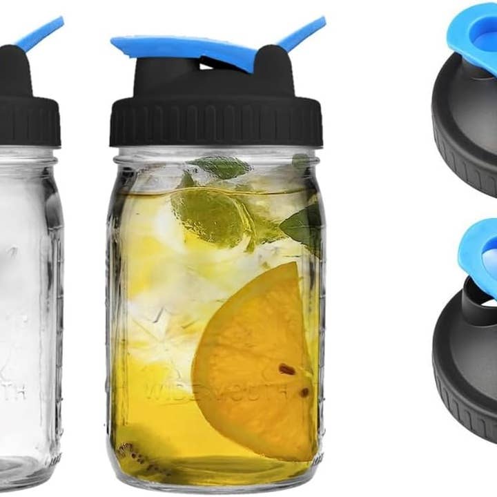 Vigor Path – Großhandel Getränkedeckel – 2er-Pack Einmachglasdeckel mit breiter Öffnung und Klappverschluss für Einmachgläser — luftdichter Verschluss, auslaufsicheres Design und praktischer Ausgießer (Gläser separat erhältlich) (Gläser separat erhältlich) (Blau/Schwarz)1