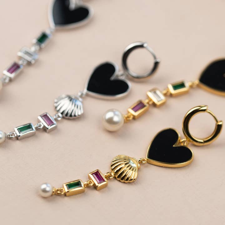 Black Heart Multi Drop Gem Earrings for wholesale by Pearl & Queenie