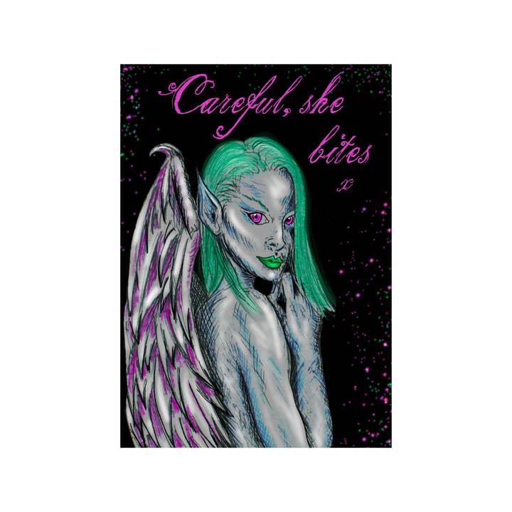 Hannah Kate Makes - Wholesale Art Print - Dark Angel Art Print - Careful She Bites - A5/A4 Pink/Green15