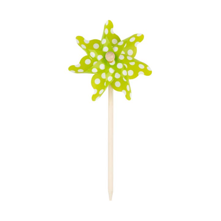 A21617: Green polka dot pinwheel on wood pole, 12 in for wholesale by Silver Tree Home & Holiday