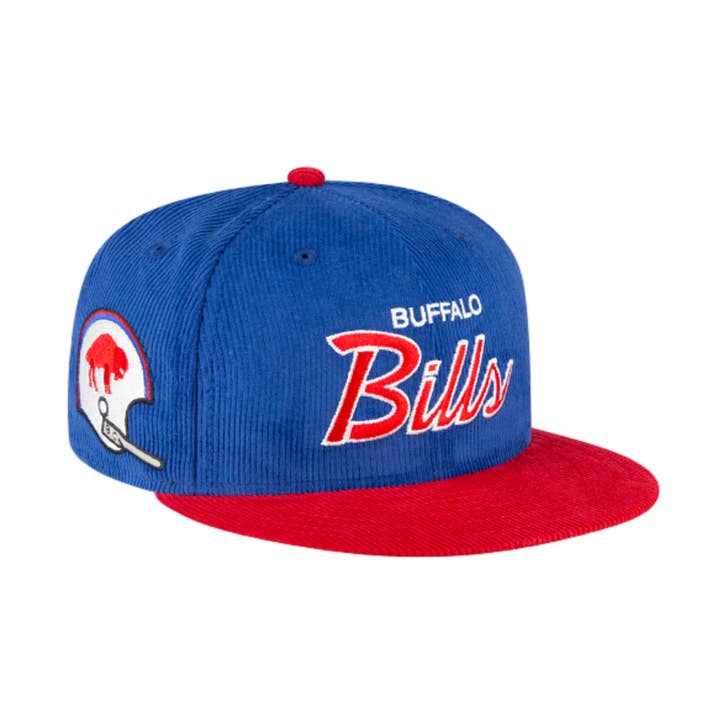 BUFFALO BILLS 59FIFTY NEW ERA CORDUROY 2TONE SCRIPT BLUE/RED FITTED HAT for wholesale by Rat City Sk8 Shop