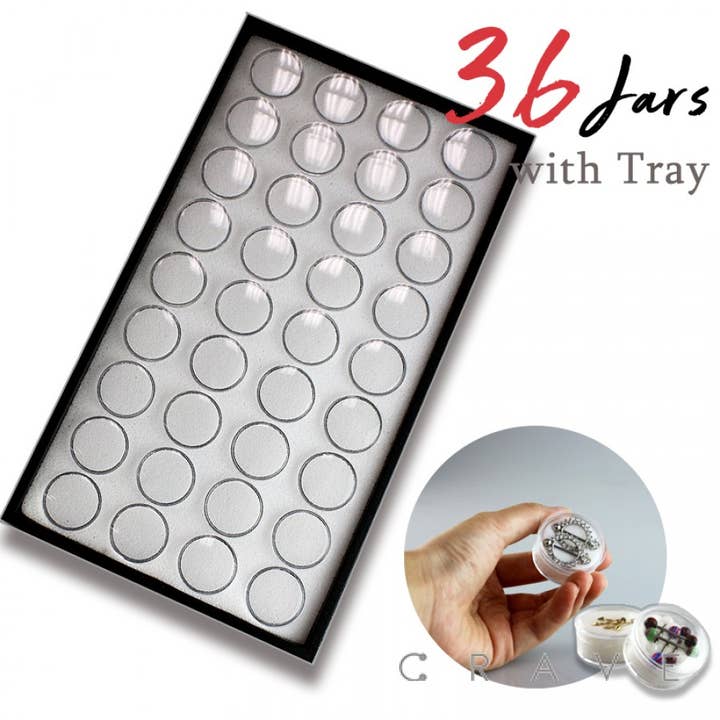 36 CLEAR ACRYLIC JARS WITH SPONGE INSERT PLASTIC TRAY (displ for wholesale by CRAVE