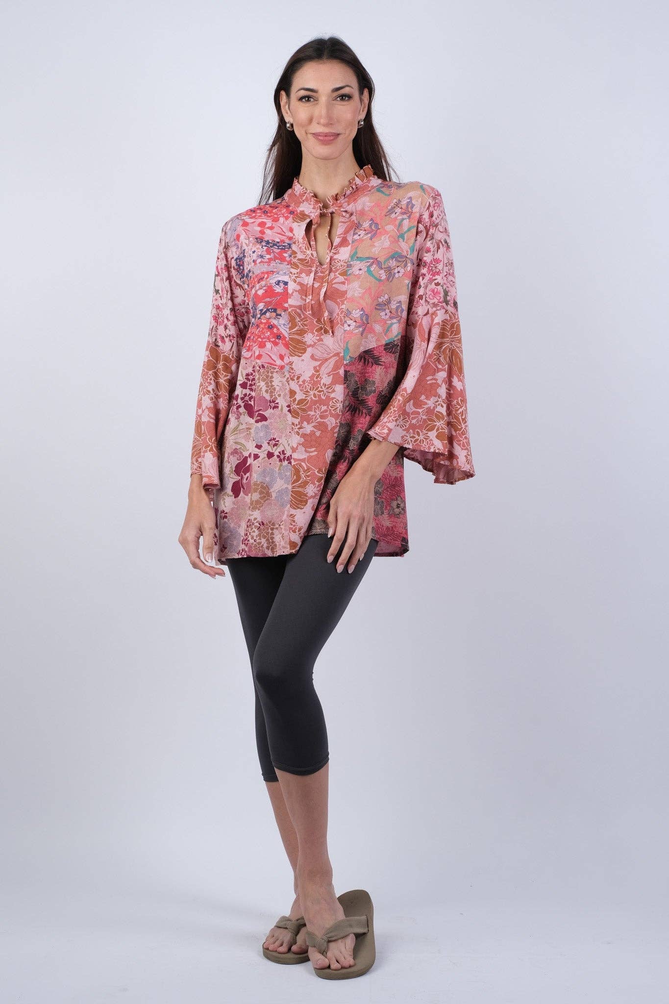 Sacred Threads - Wholesale Tunic - Women's - Pink Floral Muse Boho Top with Bell Sleeves1