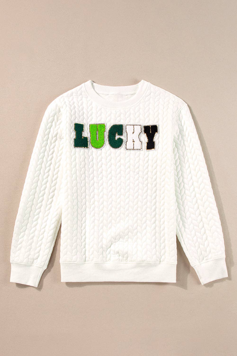 Suhkasana - Wholesale Sweatshirt - Women's - White LUCKY Chenille Embroidered Cable Knit Pullover Sweatshirt4
