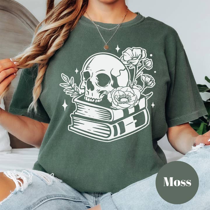 Purely Bookish - Wholesale T-Shirt (Graphic) - Women's - Skull and Books Shirt, Gothic Book Lover Comfort Colors® Shirt, Dark Academia Tee, Spooky Reading Shirt, Literary Gift, Bookish Skull Tee5