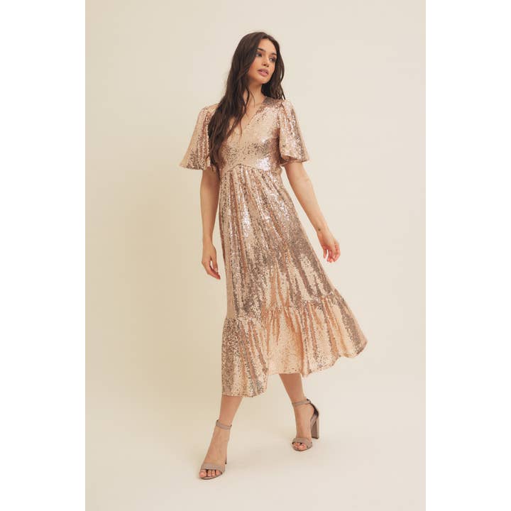 CHAMPAGNE SPARKLING LONG SLEEVED SEQUIN MIDI DRESS for wholesale on Faire