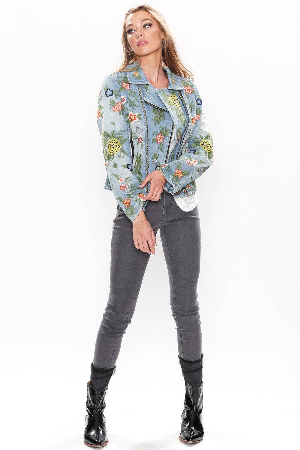 Lucinda Embroidered Denim Motorcycle Jacket for wholesale on Faire33