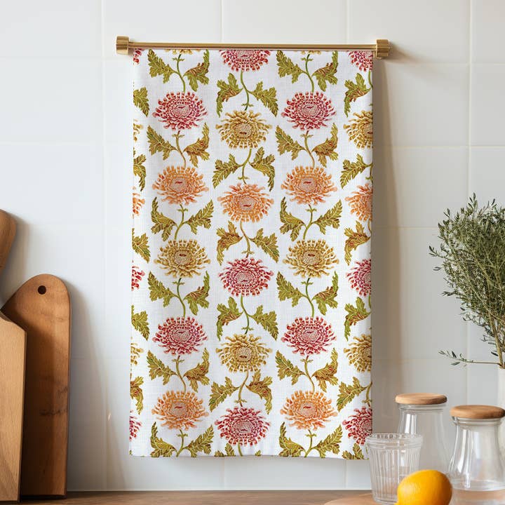 Sarah Rose - Wholesale Tea Towel - Chrysanthemum Petite Floral Organic Linen Tea Towel0