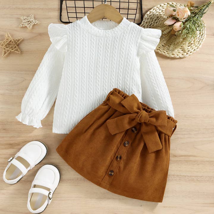 Conjunto de 2 piezas: Camiseta texturizada con volantes y falda con cinturón para niña pequeña. para venta al por mayor de PatPat