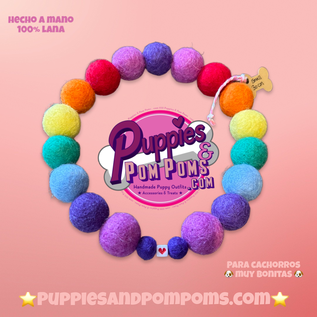 Puppies & Pom Poms - Vente Collier – chien - Collier pour chien personnalisé avec pompons colorés arc-en-ciel 2 cm6