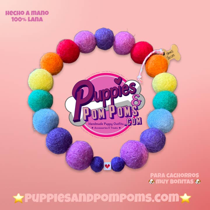 Puppies & Pom Poms - Vente Collier – chien - Collier pour chien personnalisé avec pompons colorés arc-en-ciel 2 cm6