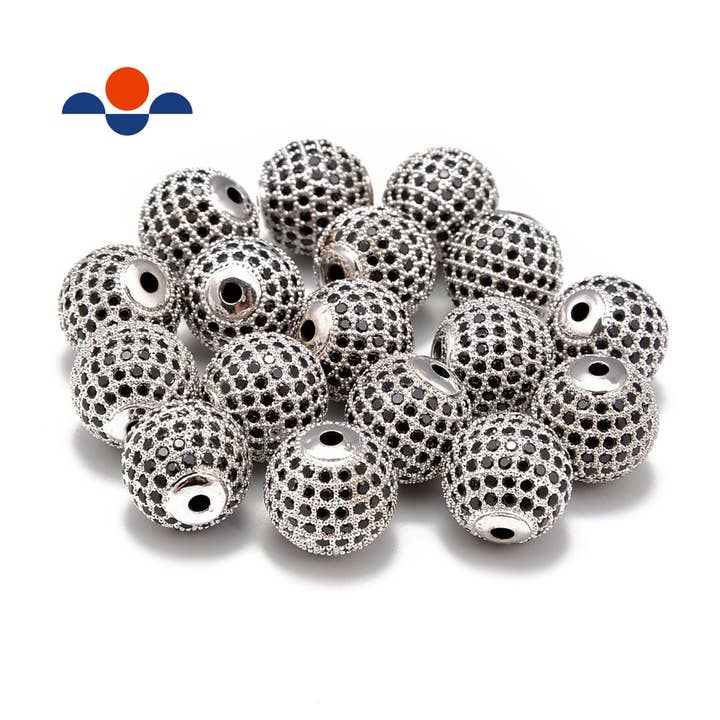 Silver Plated Micro Pave Black Zircon Ball Charm Size 8mm 10mm Sold per Piece for wholesale by CRCBEADS
