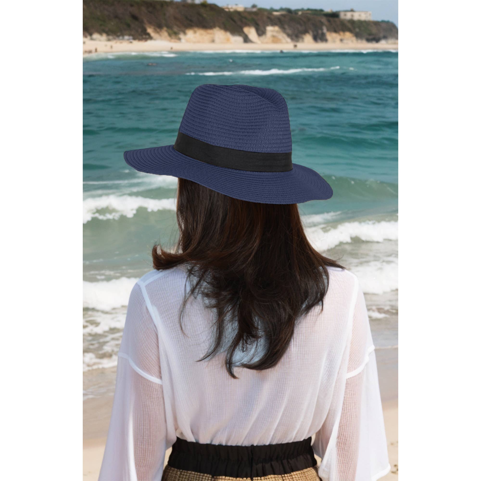 AK Brand - Wholesale Straw Hat - Women's - Wide Brim Straw Fedora Sun Hat Black Band Panama UV Hat30