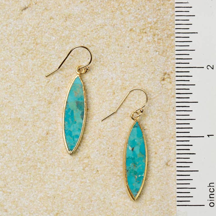 Anne Vaughan Designs Jewelry - Wholesale Dangle Earrings - Mango Tango Gold Plated Long Marquise Shaped Turquoise Bezel Simple Earrings