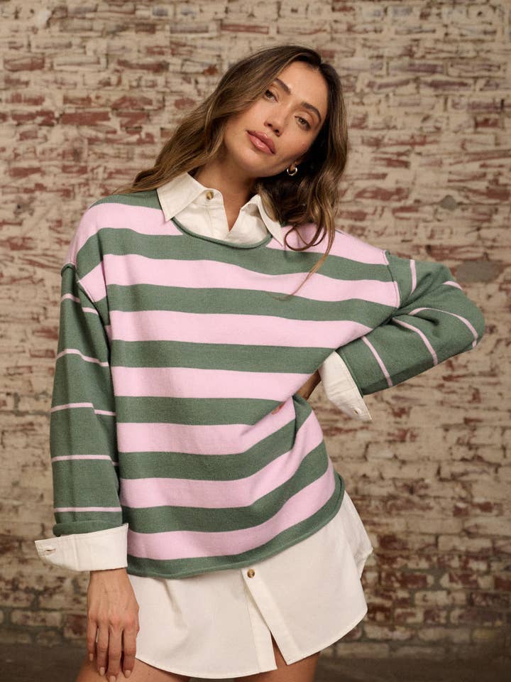 Randig stickad tröja med öppen söm med rullhals för wholesale av Promesa USA