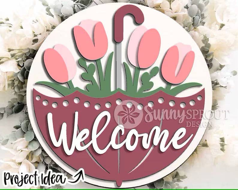 Kate's Blanks - Wholesale Door Hanger - Spring- Welcome Umbrella and Tulips Door Hanger | Paint Kit3