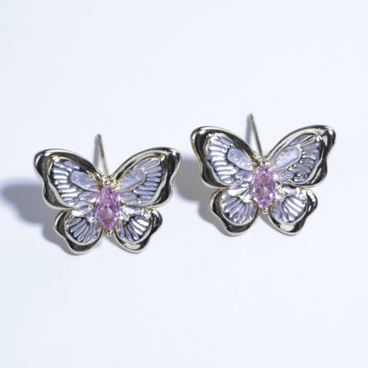【Ørestikker】Guldplaterede Sommerfugleøreringe med Klar Zirkon & Lyserøde Ædelsten, Skinnende Romantisk Design til Kvinder for engroshandel hos digsell