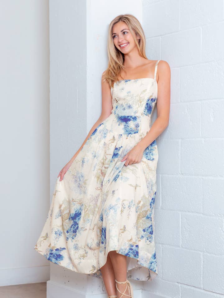 Robe midi à dos smocké imprimé floral BD20362T pour la vente par Taelynn