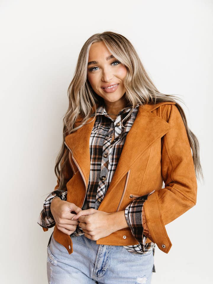 Ampersand Avenue - Wholesale Leather Jacket - Women's - Vegan Suede Leather Moto Jacket- Camel