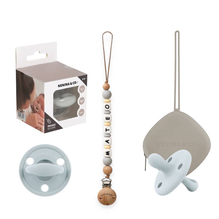 Classic Gray Silicone Pacifier Kit + Personalized Pacifier Clip and Pacifier Holder | Nenina & Co. for wholesale by Nenina & Co