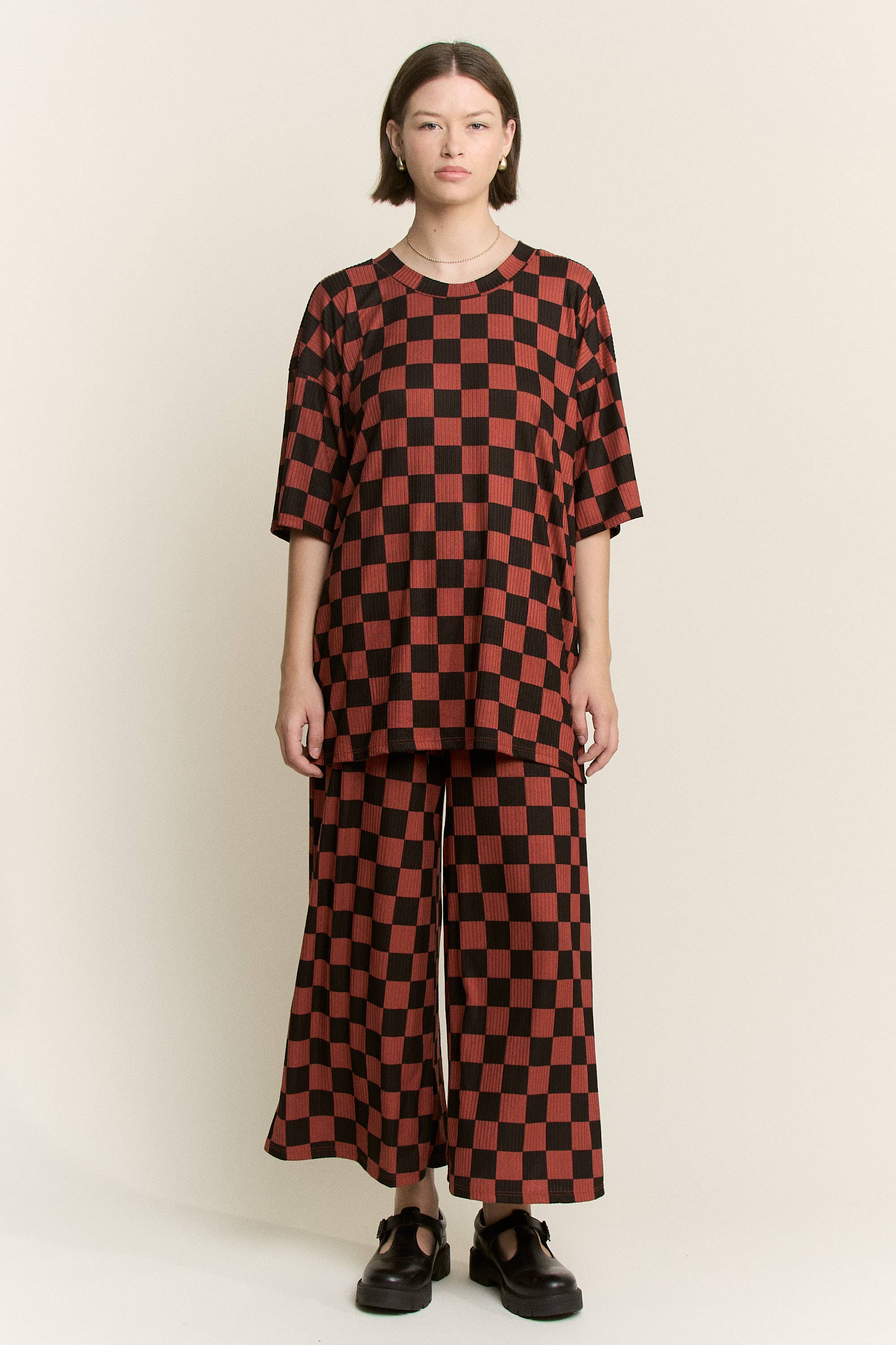 JADE BY JANE - Wholesale Lounge Set - Women's - RIBBED CHECKERED PRINT TOP/STRAIGHT LEG PANTS SET35