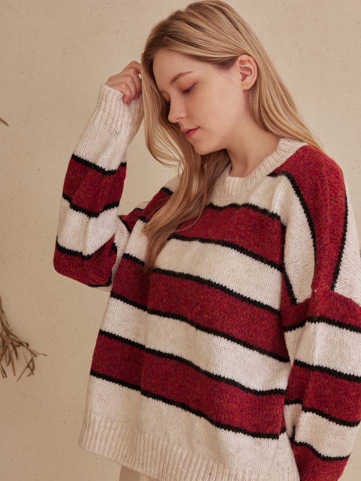 Red Ivory Striped Horizontal Bands Slightly Fuzzy Sweater for wholesale on Faire