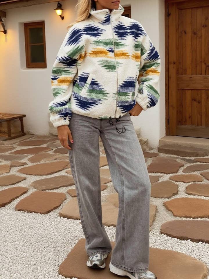 Green Vintage Aztec Printed Sherpa Plush Jacket for wholesale on Faire1