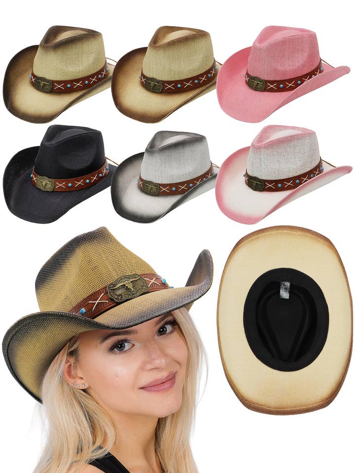 Longhorn Turquoise Belt Straw Cowboy Hat for wholesale by Cap Zone