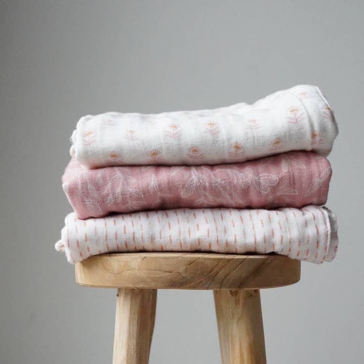 Florabora Baby - Wholesale Burp Cloth Set - Baby - Florabora Baby Organic Muslin Baby Burp Cloths, Set of 3 | 100% Cotton - Jaipur