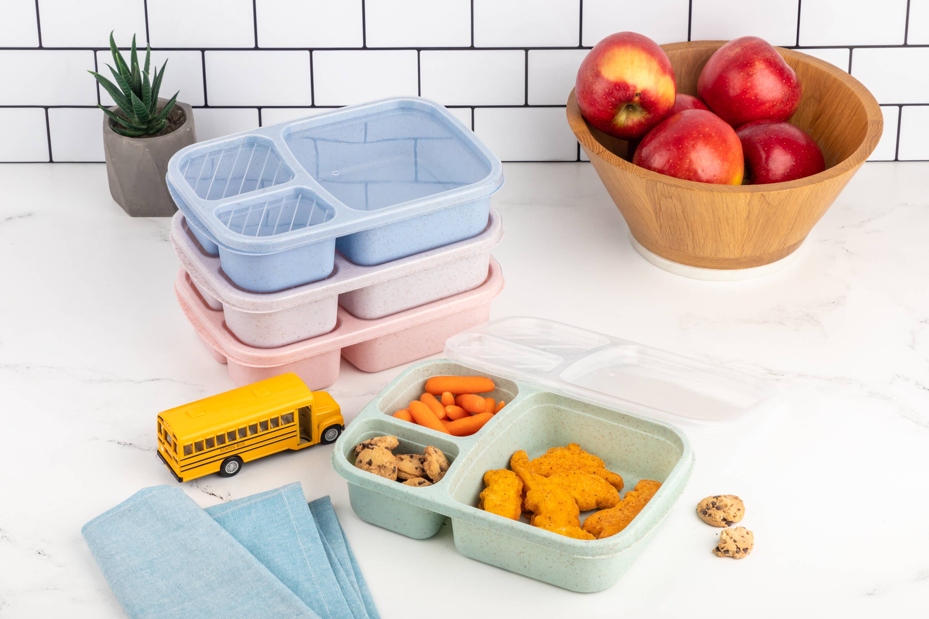 Core Home - Wholesale Food Storage Container - Set of 4 3-Section Kids Meal Prep Containers - Pastel1