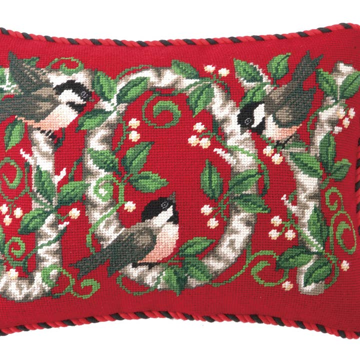 Joy Chickadee Needlepoint Pillow - STEPHANIE STOUFFER for wholesale by Peking Handicraft