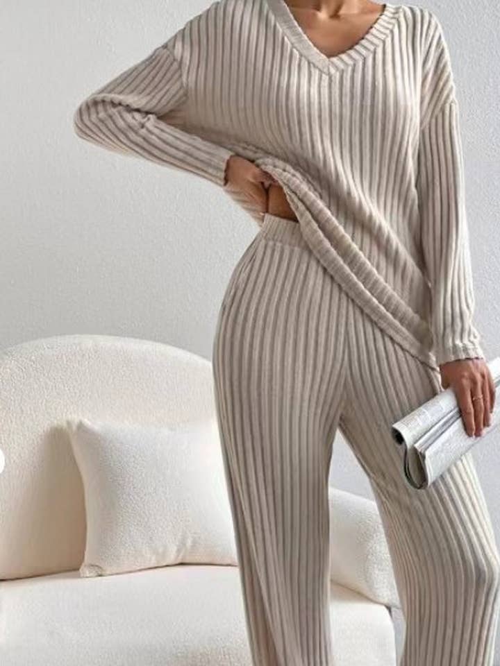 NINEXIS - Wholesale Top & Pant Set (NOT Loungewear) - Women's - CWSTB1175_V-NECK CASUAL RIBBED LONG-SLEEVED KNITTED SUIT