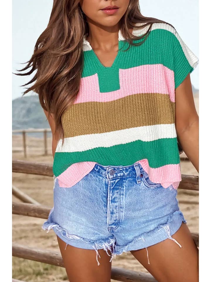 fashionworks - Wholesale Knit Top - Women's - Fashion-W Color Block Notch V Neck Sweater T Shirt*S-4X