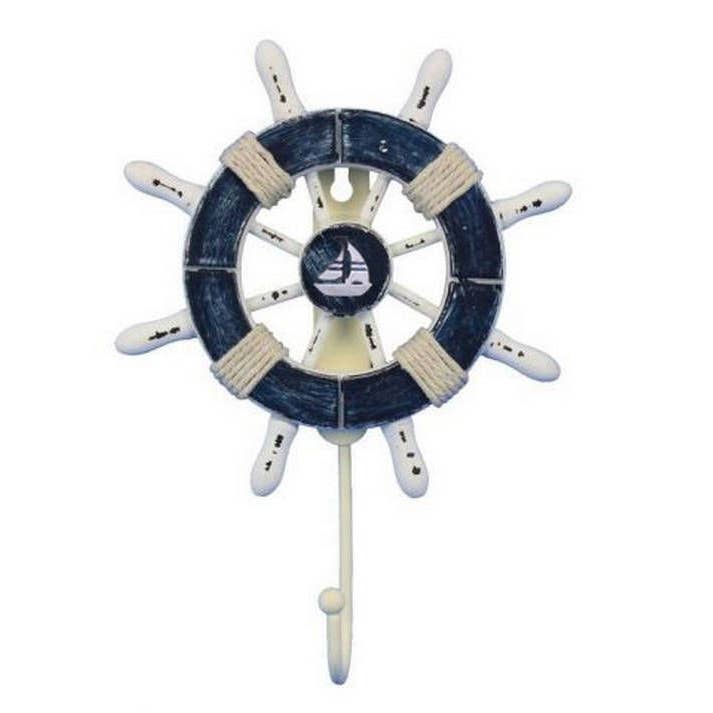 Rustic Dark Blue and White Decorative Ship Wheel With Sailbo for wholesale by Hampton Nautical