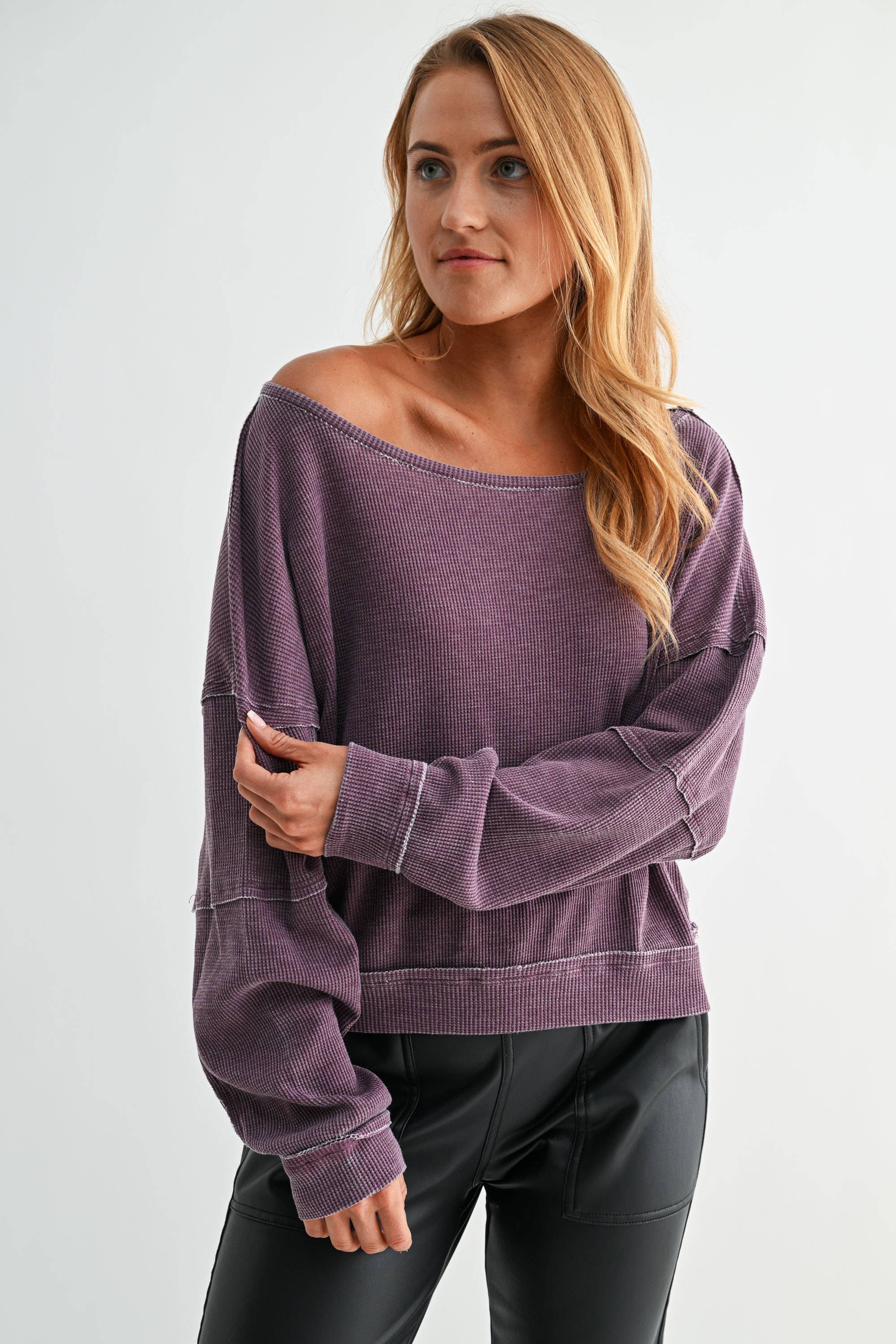 Mono B - Wholesale Sweatshirt - Women's - Raw Edge Waffle Knit Boatneck Pullover32