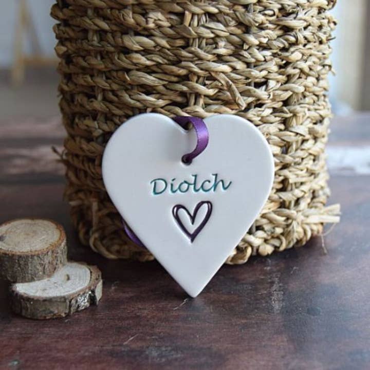 Broadlands Pottery - Wholesale Ornament - Welsh - Diolch - Handmade ceramic heart
