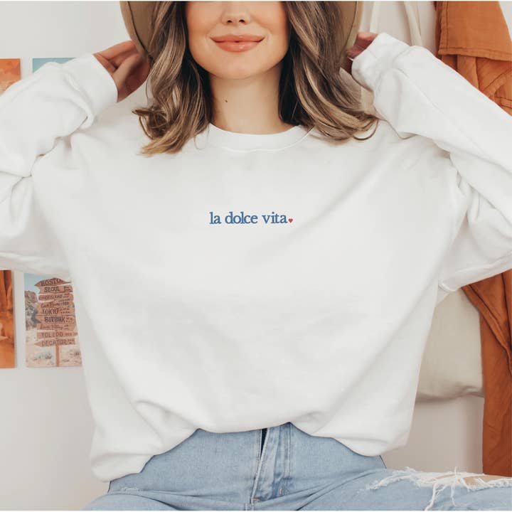 P E T I T R U E - Wholesale Sweatshirt - Women's - Embroidered La Dolce Vita Sweatshirt Italian Summer Crewneck4