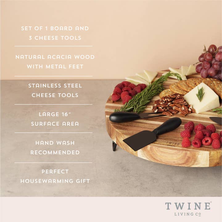 Twine - Wholesale Cheese Board - 16" Metal Footed Acacia Cheese Board & Knives Set - Set of 3